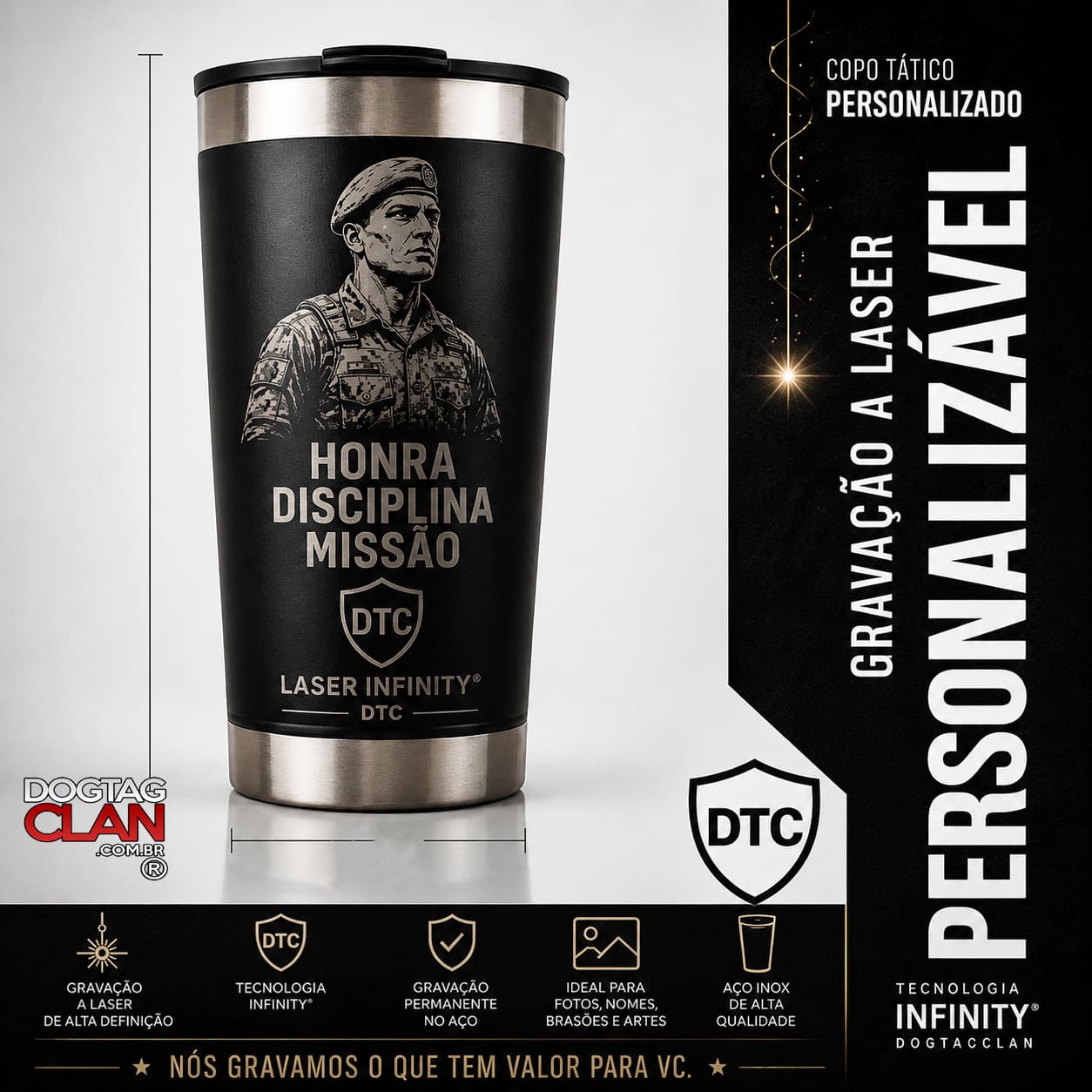 Copo Tático Personalizado em Aço Inox com Foto, Nome e Brasão – Gravação a Laser