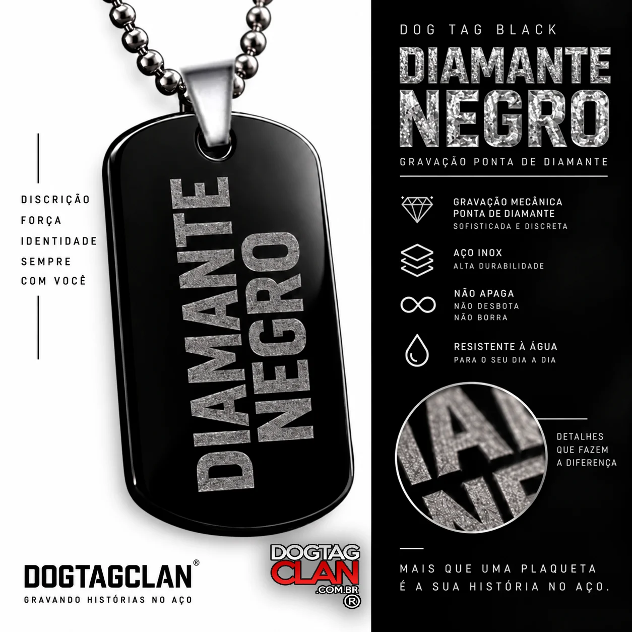 Dog Tag Black Diamante Negro – Gravação Ponta de Diamante